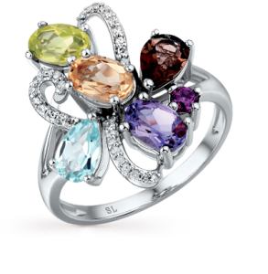 золотое кольцо с хризолитом, аметистом, топазами, гранатом, цитринами и бриллиантами