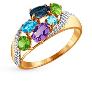 золотое кольцо с хризолитом, аметистом, топазами и фианитами SOKOLOV 713699*