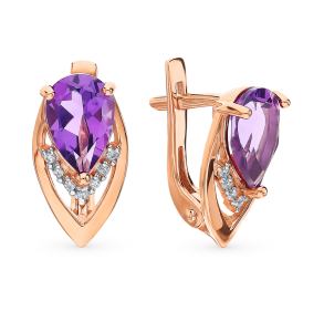 золотые серьги с аметистом и фианитами