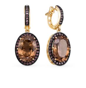 золотые серьги с раухтопазами и фианитами