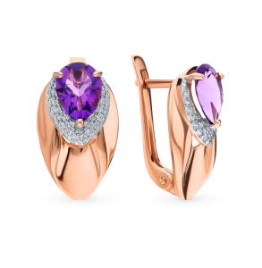 золотые серьги с аметистом и фианитами