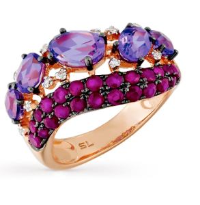 золотое кольцо с рубинами, аметистом и бриллиантами
