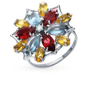 серебряное кольцо с топазами, фианитами, гранатом и цитринами
