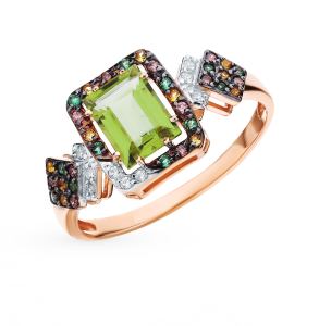 золотое кольцо с султанитами, фианитами, цитринами и наношпинелями