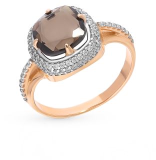 Серебряное кольцо с раухтопазами и фианитами AQUAMARINE 6548101А.6: красное и розовое серебро 925 пробы, раухтопаз, фианит — купить в интернет-магазине SUNLIGHT, фото, артикул 104402