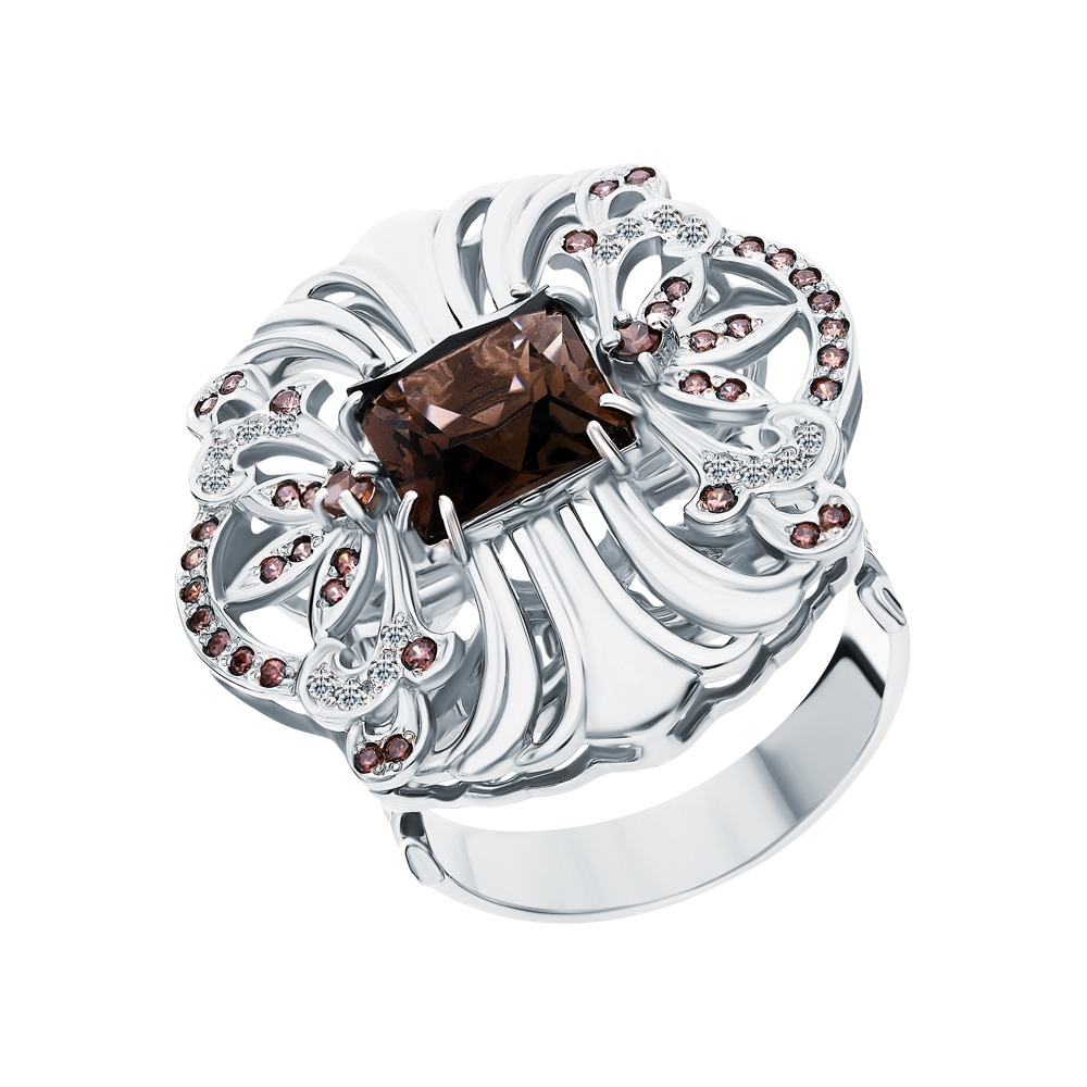 Серебряное кольцо с фианитами и кварцами дымчатыми в Екатеринбурге