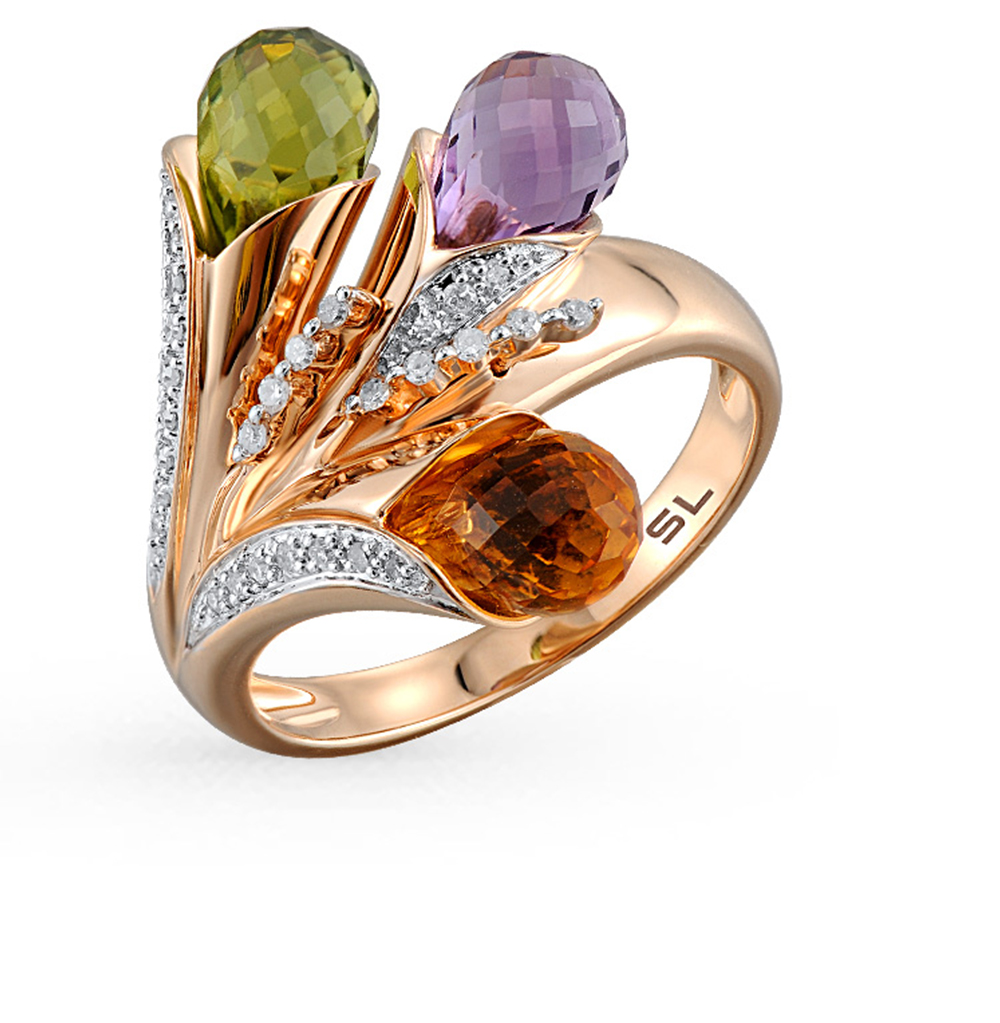 Фото «Золотое кольцо с аметистом, хризолитом и бриллиантами»
