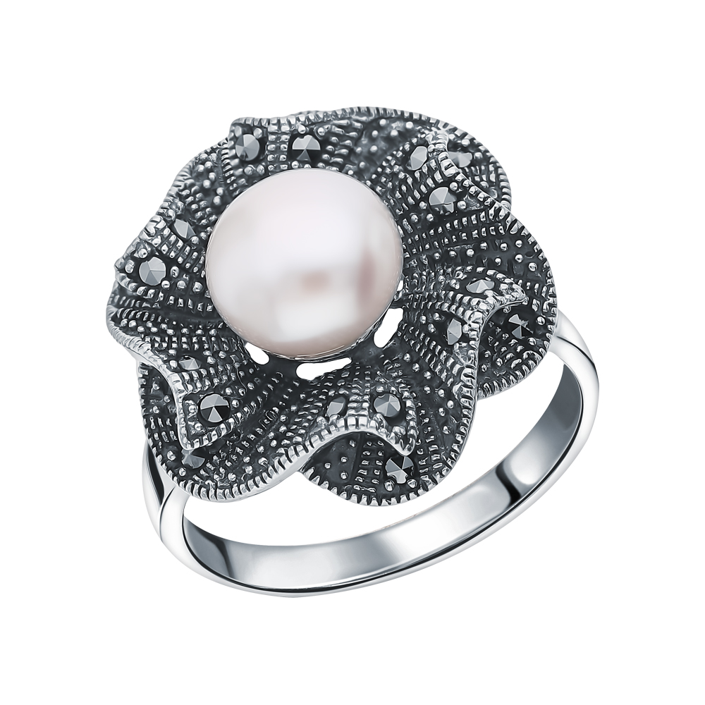 Фото «Серебряное кольцо с жемчугом и марказитами swarovski»