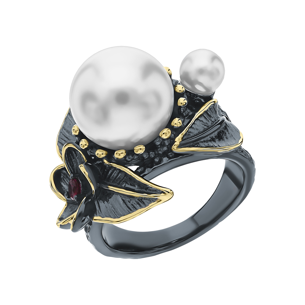 Серебряное кольцо с жемчугом и корундом в Екатеринбурге