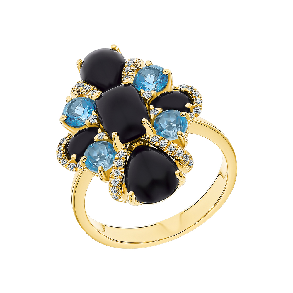 Золотое кольцо с топазами, ониксом и бриллиантами в Краснодаре
