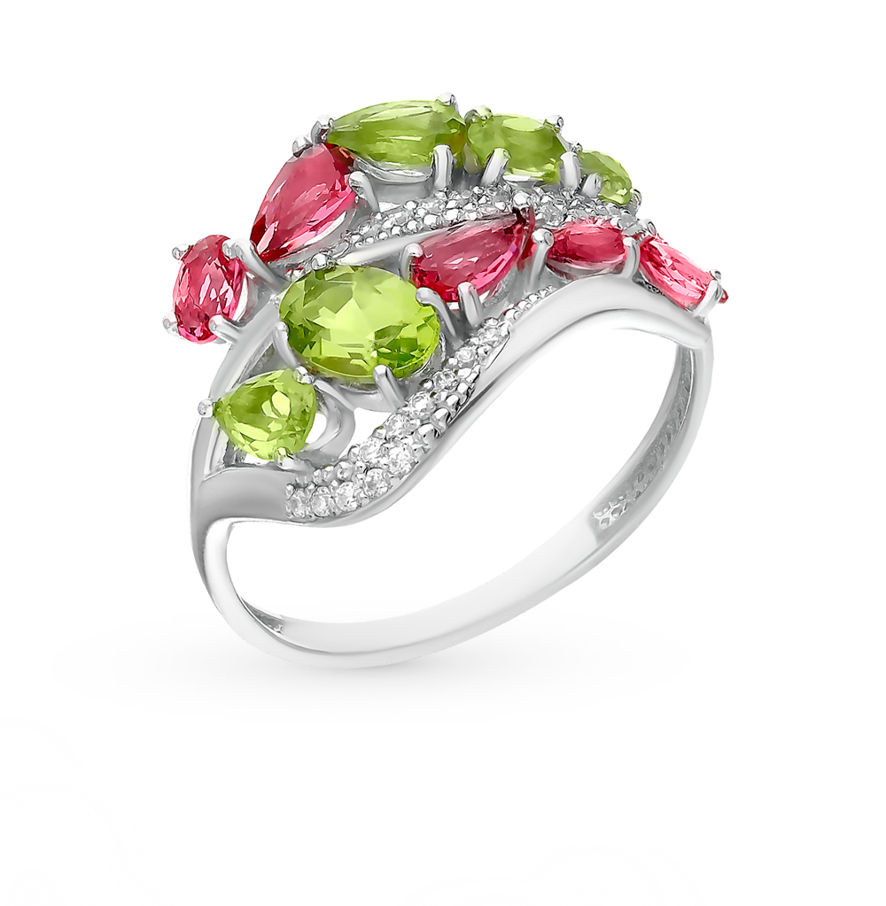 Фото «Серебряное кольцо с фианитами, хризолитом и рубеллитами»