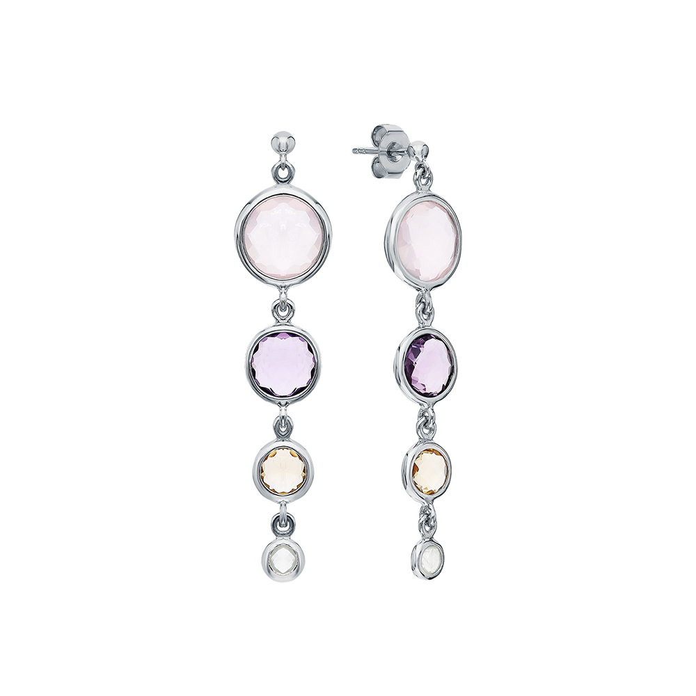Фото «Серебряные серьги с цитринами, лунным камнем, аметистом и кварцами розовыми»