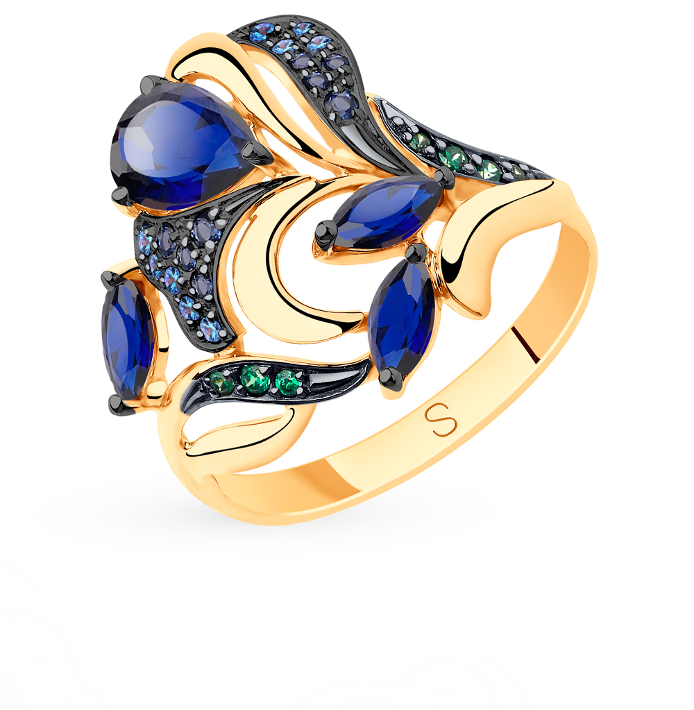 Золотое кольцо с фианитами, корундом и сапфирами в Самаре