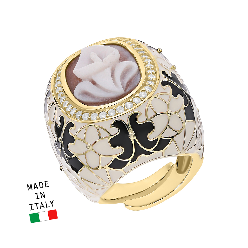 Серебряное кольцо с эмалью, фианитами и камеями в Краснодаре