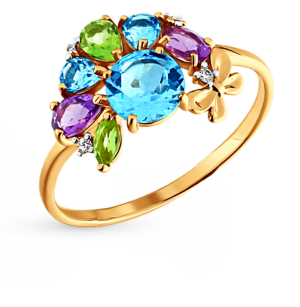 Золотое кольцо с фианитами, топазами, аметистом и хризолитом в Краснодаре