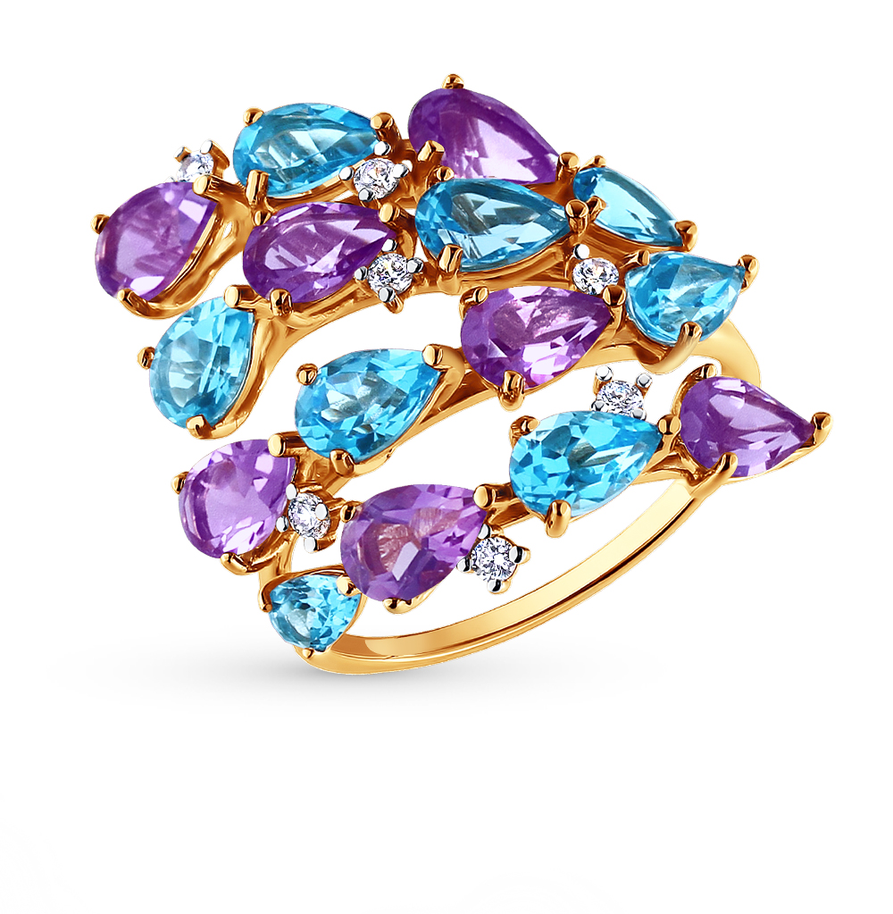 Фото «Золотое кольцо с фианитами, топазами и аметистом SOKOLOV 713533»