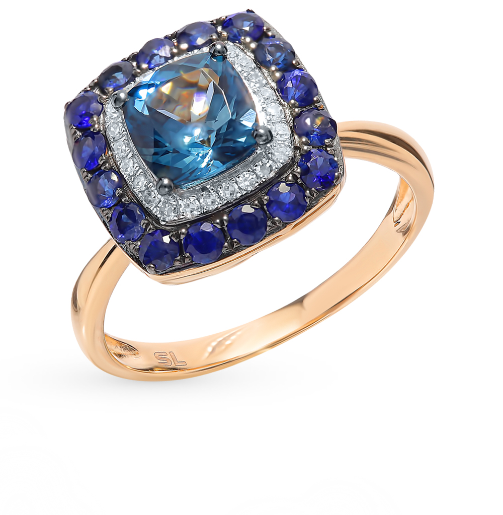 Золотое кольцо с топазами, сапфирами и бриллиантами в Краснодаре