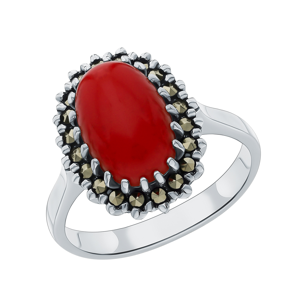 Фото «Серебряное кольцо с кораллом и марказитами»