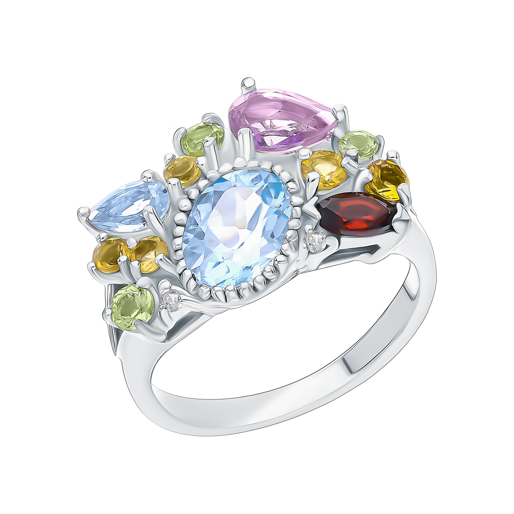 Фото «Серебряное кольцо с цитринами, гранатом, фианитами, топазами, аметистом и хризолитом»
