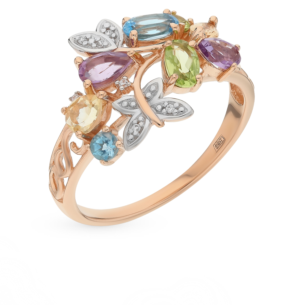 Фото «Золотое кольцо с фианитами, топазами, аметистом и хризолитом»