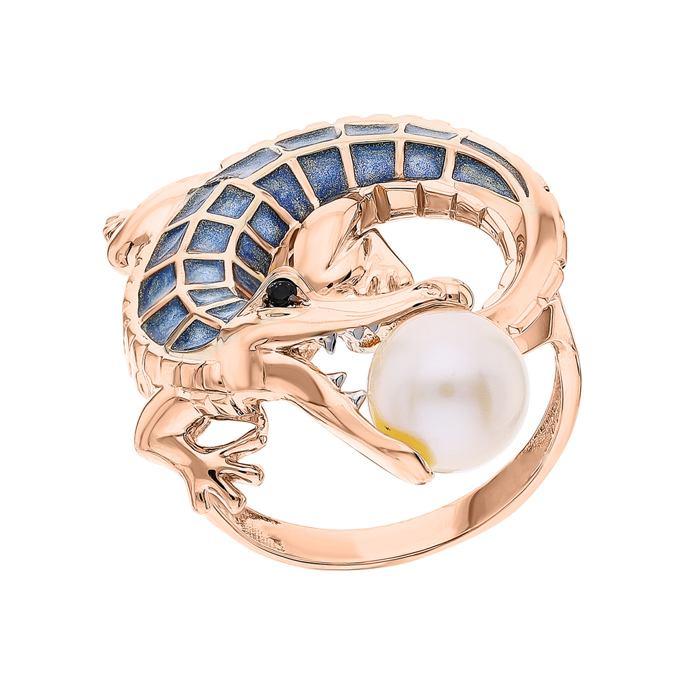 Золотое кольцо с эмалью, жемчугом и фианитами в Санкт-Петербурге