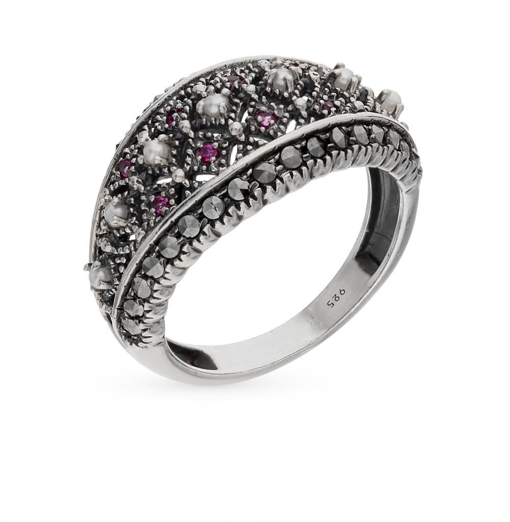 Серебряное кольцо с жемчугом, рубинами и марказитами в Краснодаре