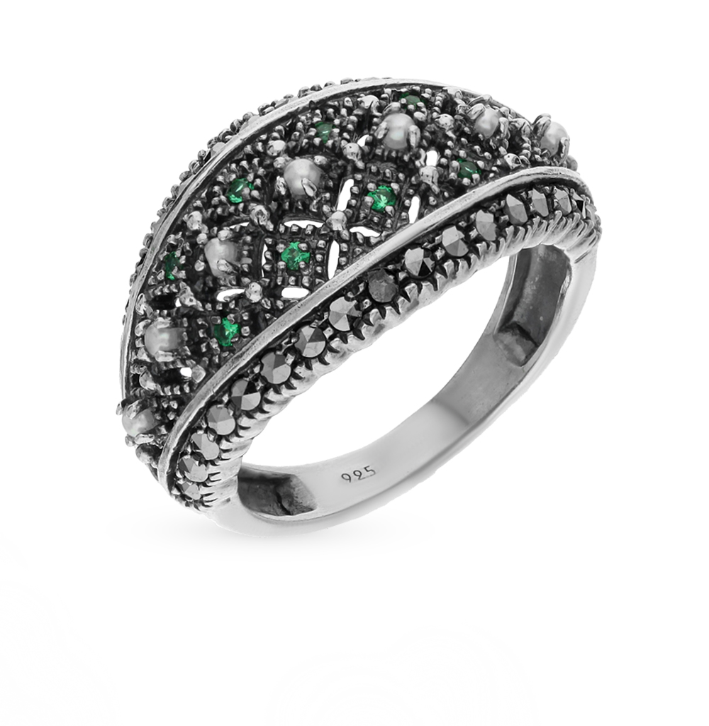 Фото «Серебряное кольцо с жемчугом, марказитами и бериллом»