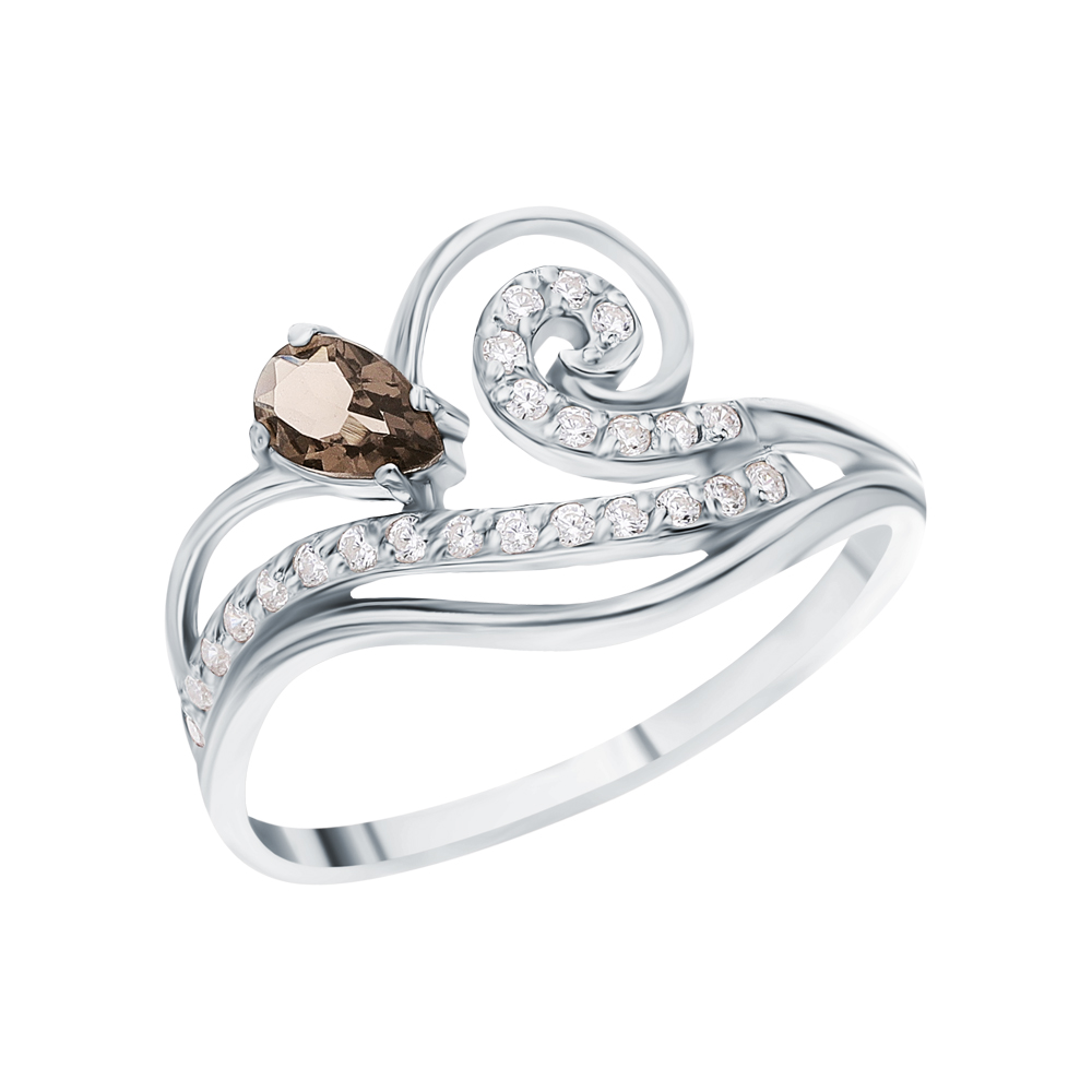 Серебряное кольцо с кубическим цирконием и кварцами дымчатыми в Самаре