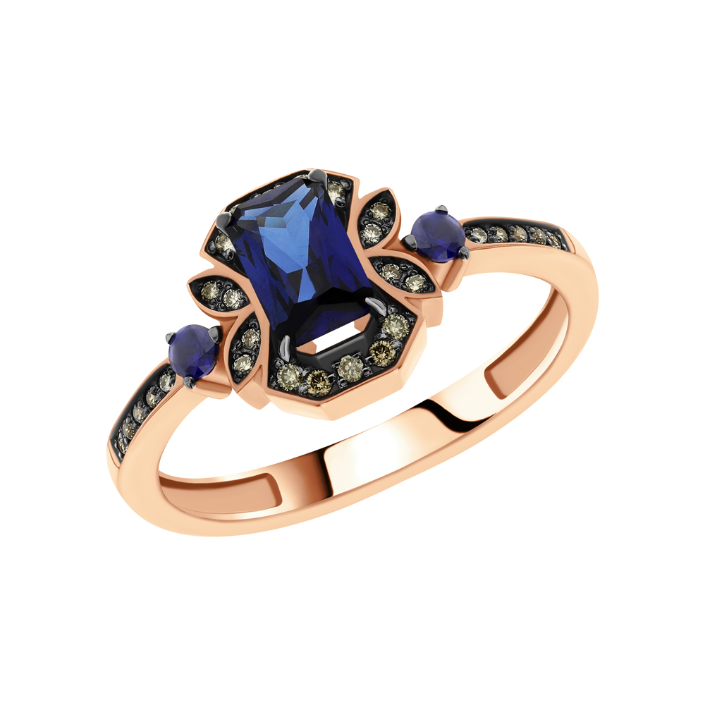 Золотое кольцо с сапфирами и коньячными бриллиантами в Екатеринбурге