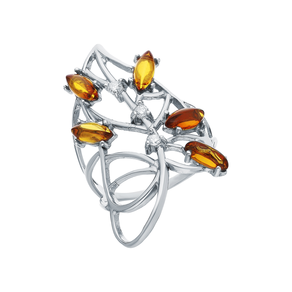 Серебряное кольцо с янтарем и фианитами в Краснодаре