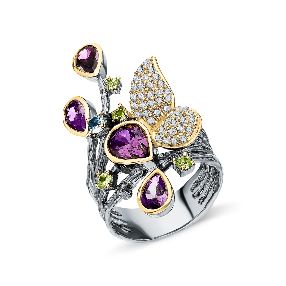 Фото «Серебряное кольцо с фианитами, алпанитом и перидотами»