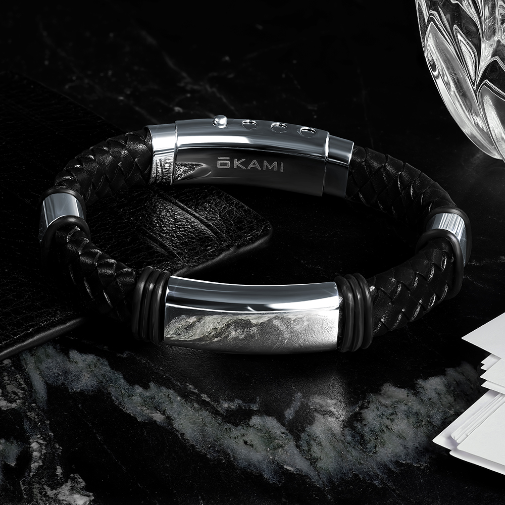 Стальной браслет с натуральной кожей OKAMI: чёрная сталь, натуральная кожа— купить в интернет-магазине SUNLIGHT, фото, артикул 74222