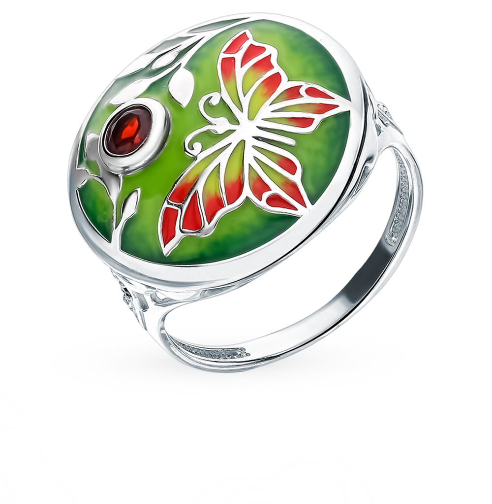 Фото «Серебряное кольцо с эмалью, цитринами, гранатом и хризолитом»