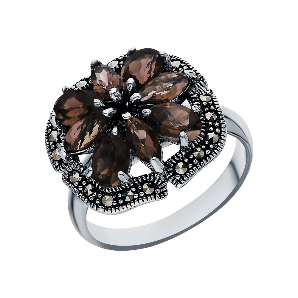 Фото «Серебряное кольцо с кварцами дымчатыми и марказитами swarovski»