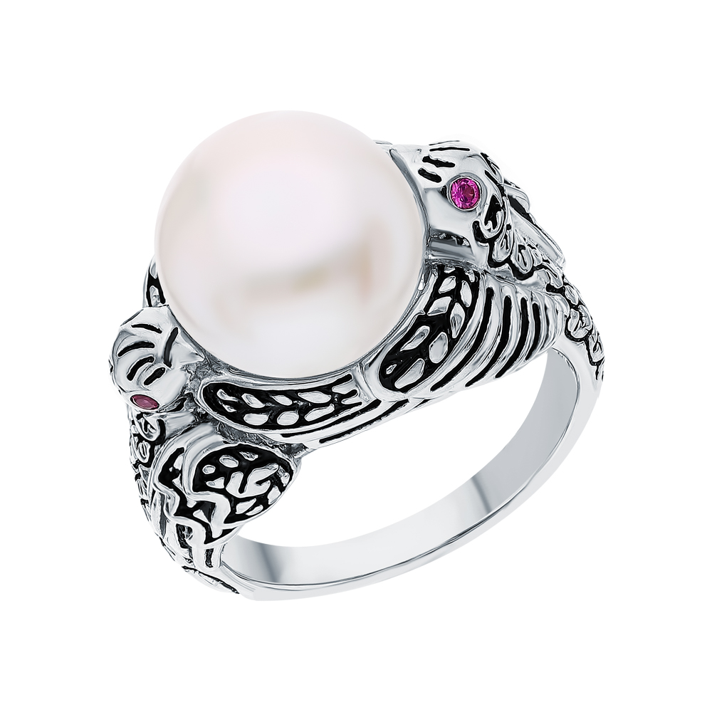 Фото «Серебряное кольцо с эмалью, жемчугом и фианитами»