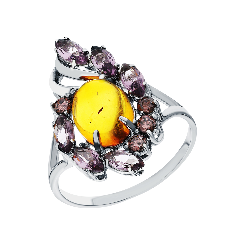 Фото «Серебряное кольцо с янтарем, фианитами и аметистом»