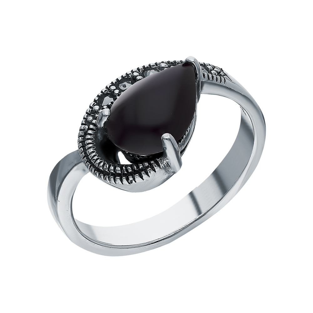 Серебряное кольцо с ониксом и марказитами swarovski в Новосибирске