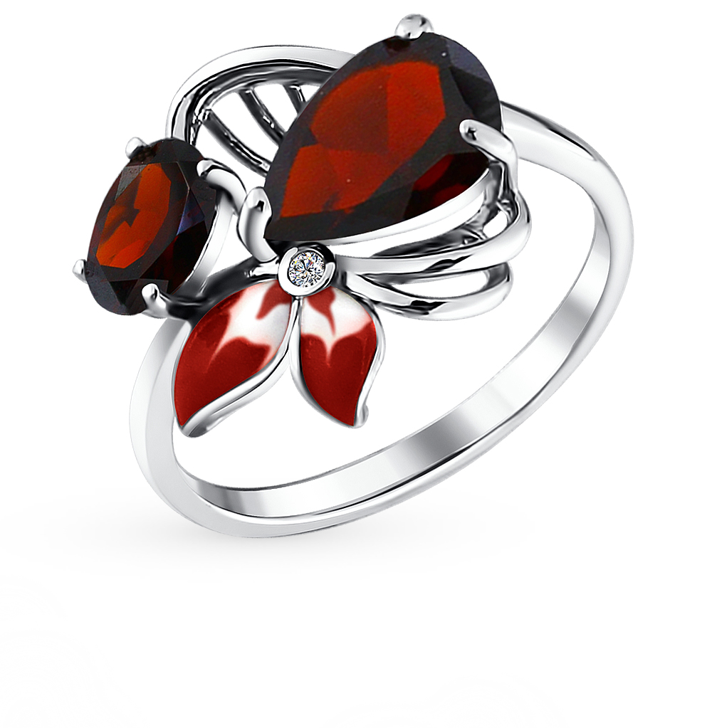 Фото «Серебряное кольцо с эмалью, гранатом и фианитами»